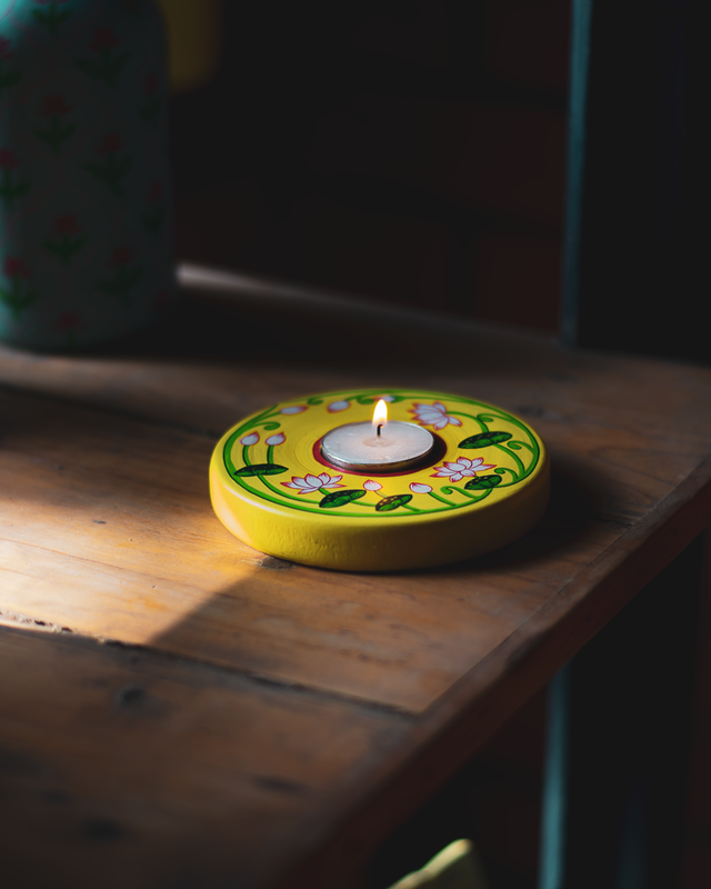 Pichwai Candle Holder | Reusable | Handpainted | Made in India | Reclaimed Wood | Scrapshala